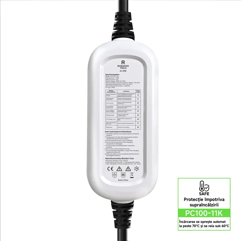 Incarcator portabil EV Rheidon 11 kW, cablul de 7,5 metri  - PC100-11K - Green