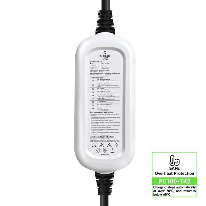 Incarcator portabil EV Rheidon 7,2 kW, cablul de 7,5 metri - PC100-7K2 - Green